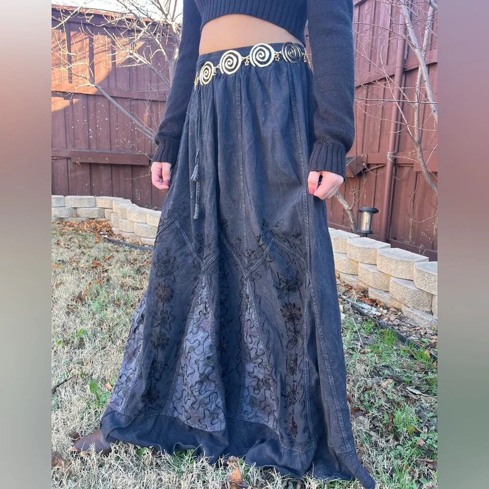 Chic Whimsy Goth Ash Black Embroidered Maxi Skirt - Picture 4 of 14